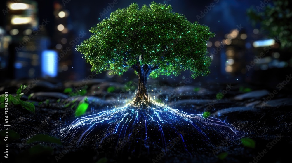 Poster abstract glowing tree rooted in urban landscape representing data growth and futuristic digital citi