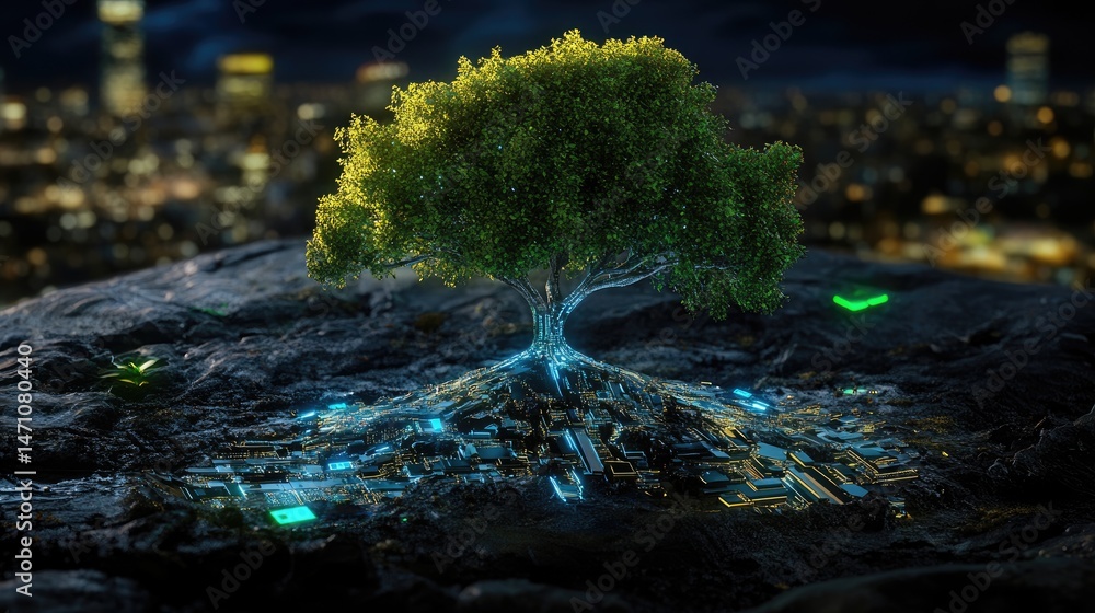 Poster abstract glowing tree rooted in urban landscape representing data growth and futuristic digital citi