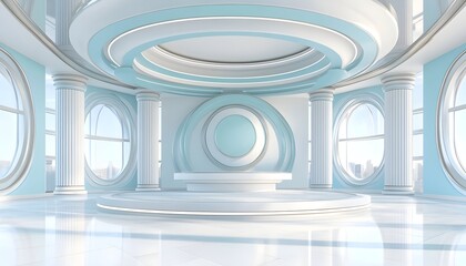 Obraz premium A circular room with white columns, a blue and white ceiling, and large oval windows