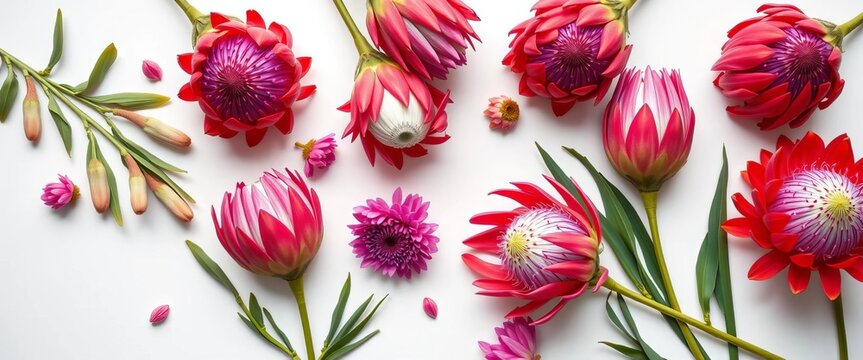 Overhead shot of vibrant red, pink, & purple proteas and banksias on white , floral, wildflower