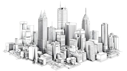 A detailed black and white sketch of a modern city skyline, featuring numerous skyscrapers and buildings, rendered in a realistic style