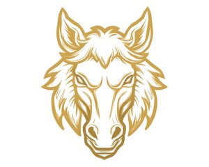 A detailed line art illustration of a horse's head, rendered in a gold color