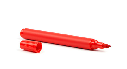 A red single whiteboard marker with cap off, lying on white background