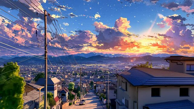 夕焼け空と遠くの山並みを見下ろす郊外の坂道からの都市風景