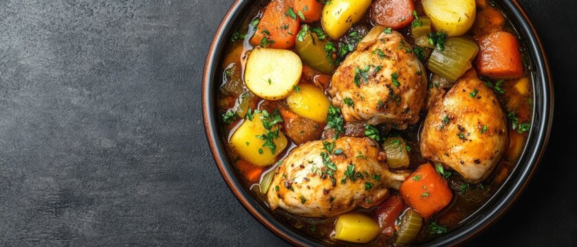 Hearty chicken stew with root vegetables in a dark bowl.