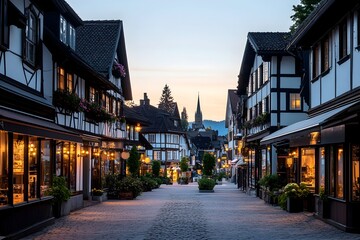A picturesque street lined with charming half-timbered buildings, bathed in the soft glow of twilight