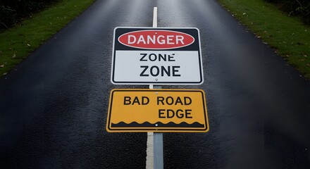 Danger Zone Sign on Wet Road Surface Indicating Caution
