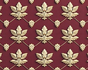 A repeating pattern of ornate gold leaf floral designs on a rich burgundy background