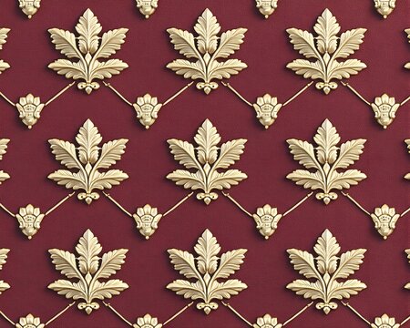 Fototapeta A repeating pattern of ornate gold leaf floral designs on a rich burgundy background