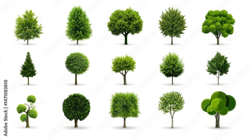 Poster Collection of flat design green tree vector icons on white background, featuring various tree shapes and styles