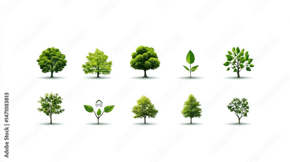 Poster collection of fresh green tree icons, vector art with clean lines and simple designs on white backgr