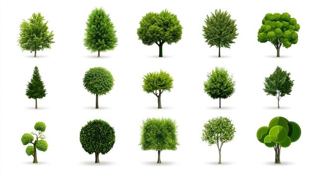Collection of flat design green tree vector icons on white background, featuring various tree shapes and styles