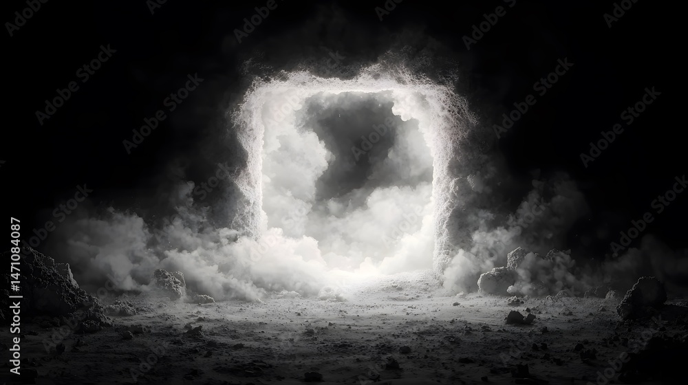 Poster glowing white square shapes exploding from center in dark background