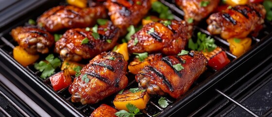 Grilled chicken pieces with vegetables on a rack