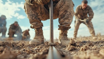 A soldier in camouflage gear is using a metal rod to stake a line in the ground