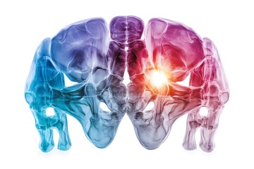 A stylized X-ray image of a human pelvis with a bright red glow highlighting a point of pain or injury