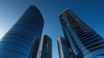 Modern glass skyscrapers against a clear blue sky.