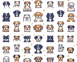 A white background with a repeating pattern of illustrated dogs with different breeds, colors, and expressions