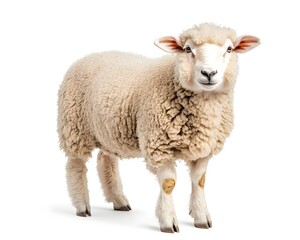 Fototapeta premium A white sheep with brown legs stands on a white background, looking directly at the camera