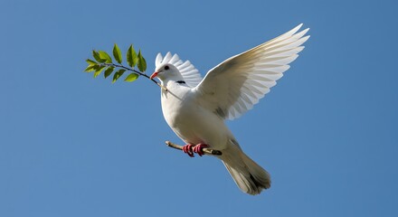 Obraz premium Dove Flying with Olive Branch Against Blue Sky