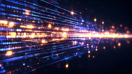 An abstract digital stream of glowing light particles, traversing a dark, digital space