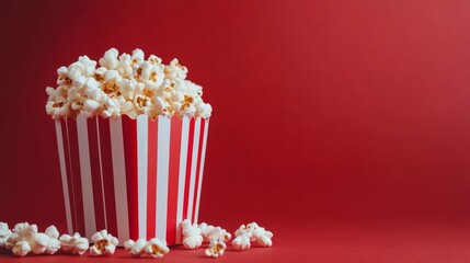 Striped popcorn container against red background.