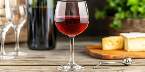Naklejka premium A red wine glass with cheese and utensils.