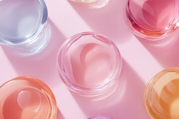 Colorful translucent containers on a pink surface