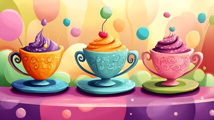 Whimsical dessert cups with colorful whipped cream illustration