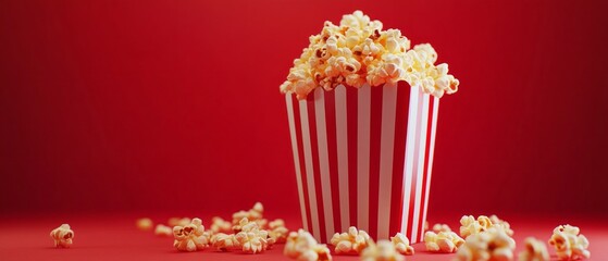 Striped popcorn container on a crimson background.