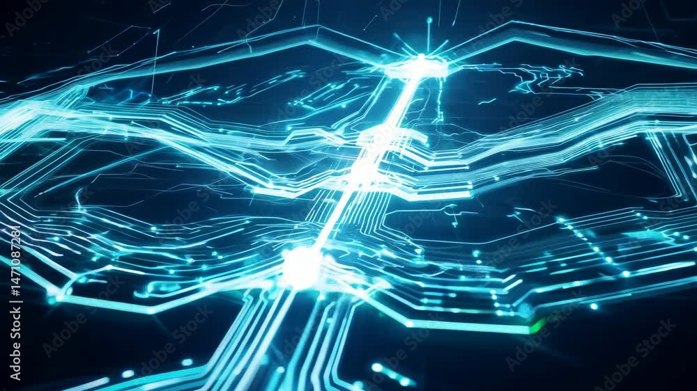 Poster electronic circuit board with glowing data streams abstract background 4k.