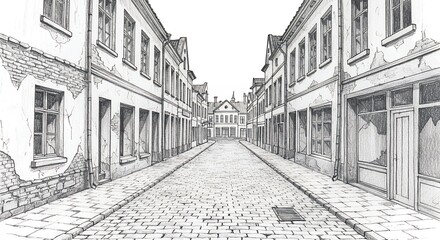 Grayscale illustration of a narrow street