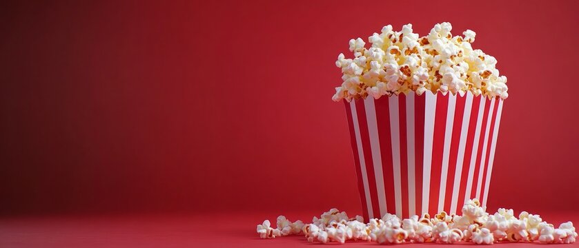 Striped popcorn container against a vibrant red background. - Powered by Adobe
