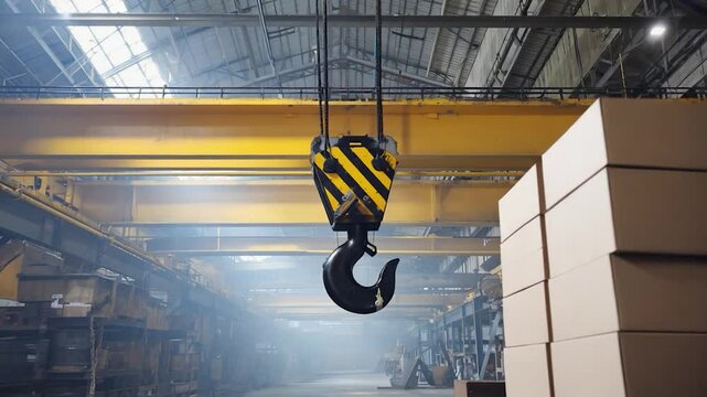 Industrial crane hook suspended inside a factory building
