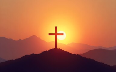 Easter concept: Silhouette cross on mountain at sunset background. High quality
