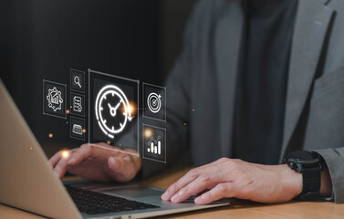 Business person with time management activity to improve productivity, process optimization and lean organization. Business and production improvement by time and resource planning for more profit.