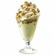 A modern pistachio ice cream parfait with layers of pistachio gelato and crushed nuts,