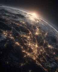 Earth at Night from Space View of City Lights and Sunrise in Atmosphere Perspective Showing Urbanization
