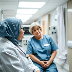 Obraz premium Mature woman with cancer visiting doctor in hospital listening about recovery