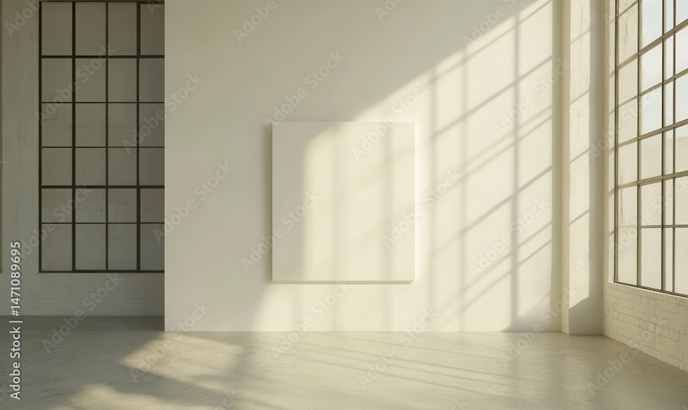 Poster minimalist industrial loft space with large windows and empty canvas