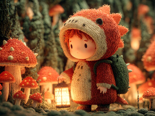 a cute character dressed in a dinosaur costume, standing in a forest-like setting with glowing mushrooms and green foliage. The character has a backpack and is surrounded by a magical, warm ambiance.