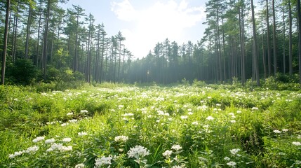 A field of white flowers in a forest with a clear blue sky and sun shining through the trees