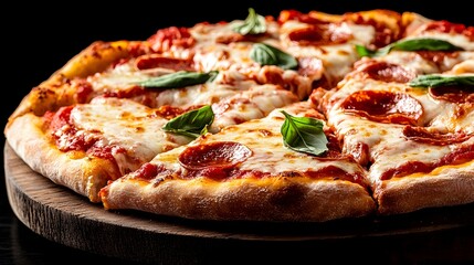 A freshly baked pepperoni pizza with melted mozzarella cheese and basil leaves, sliced and served on a wooden board