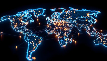 A glowing blue and orange world map with interconnected lines representing a network of connections, depicting global connectivity