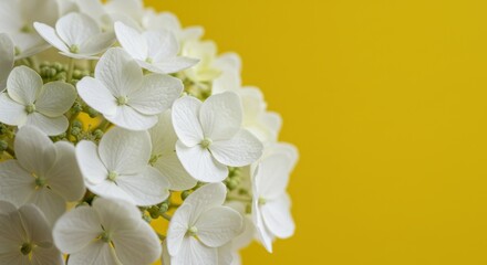 White hydrangea flowers bloom against a bright yellow background with empty space.