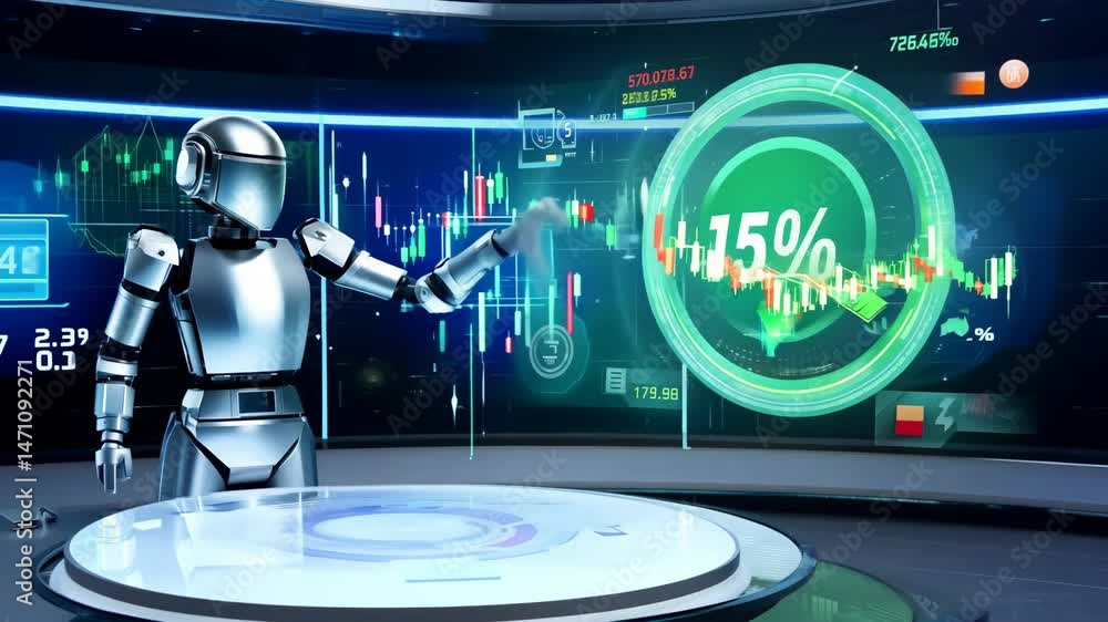 Poster robot presenting business data & charts analysis on futuristic screen in 4k.