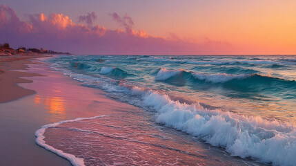 Naklejka premium Calm ocean waves at sunset beach serene landscape tranquil evening coastal view