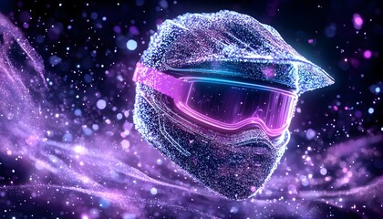 A motorcycle helmet made of glittering particles against a dark purple and blue nebula background