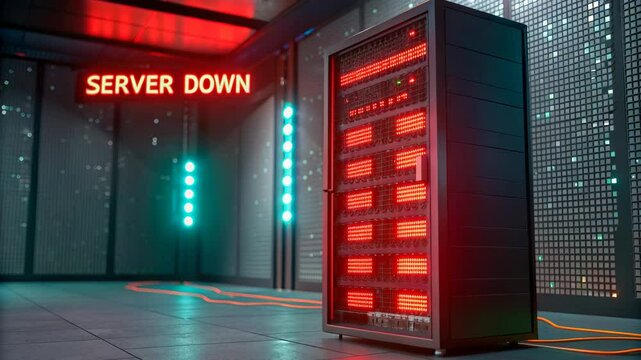A server room reveals a critical system failure with a glowing red SERVER DOWN sign illuminating the dark data center showcasing technological infrastructure and network issues.