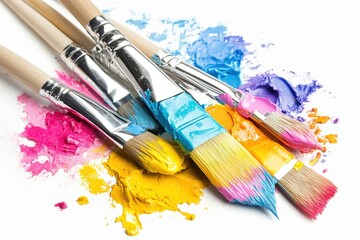 Obraz premium Colorful paint splatters and paintbrushes